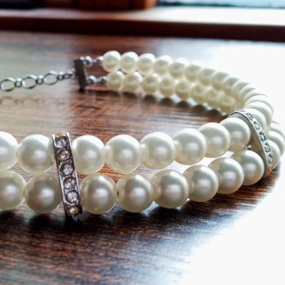 Beautiful & Elegant Double-strand Faux Pearl Necklace w/Rhinestone Spacers NWOT - Picture 3 of 11